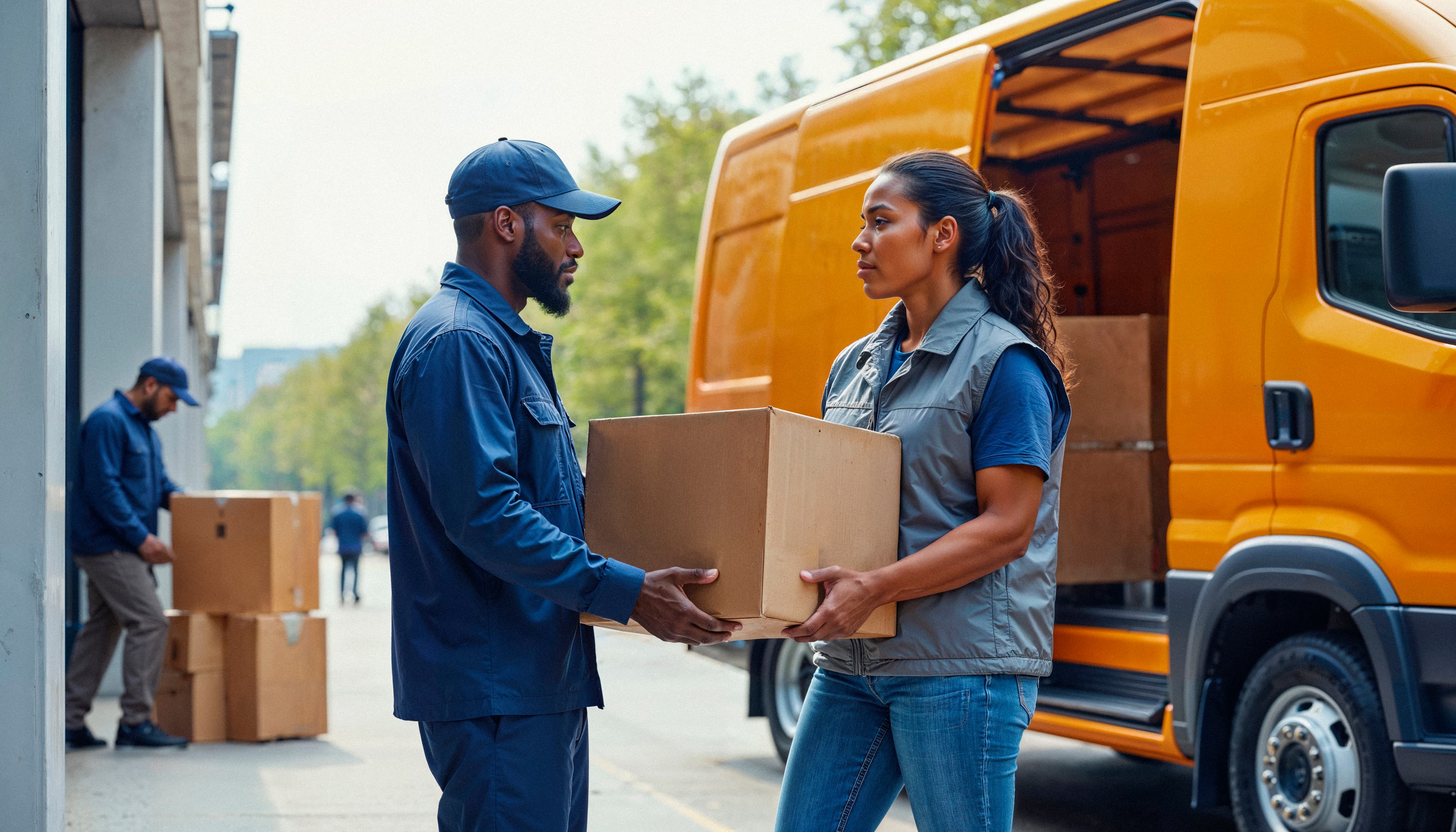 Delivery service personnel transferring package from truck