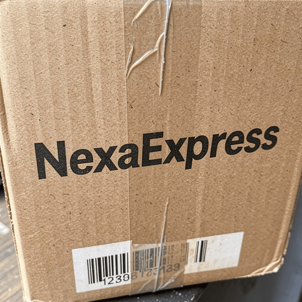 NexaExpress branded cardboard box close-up