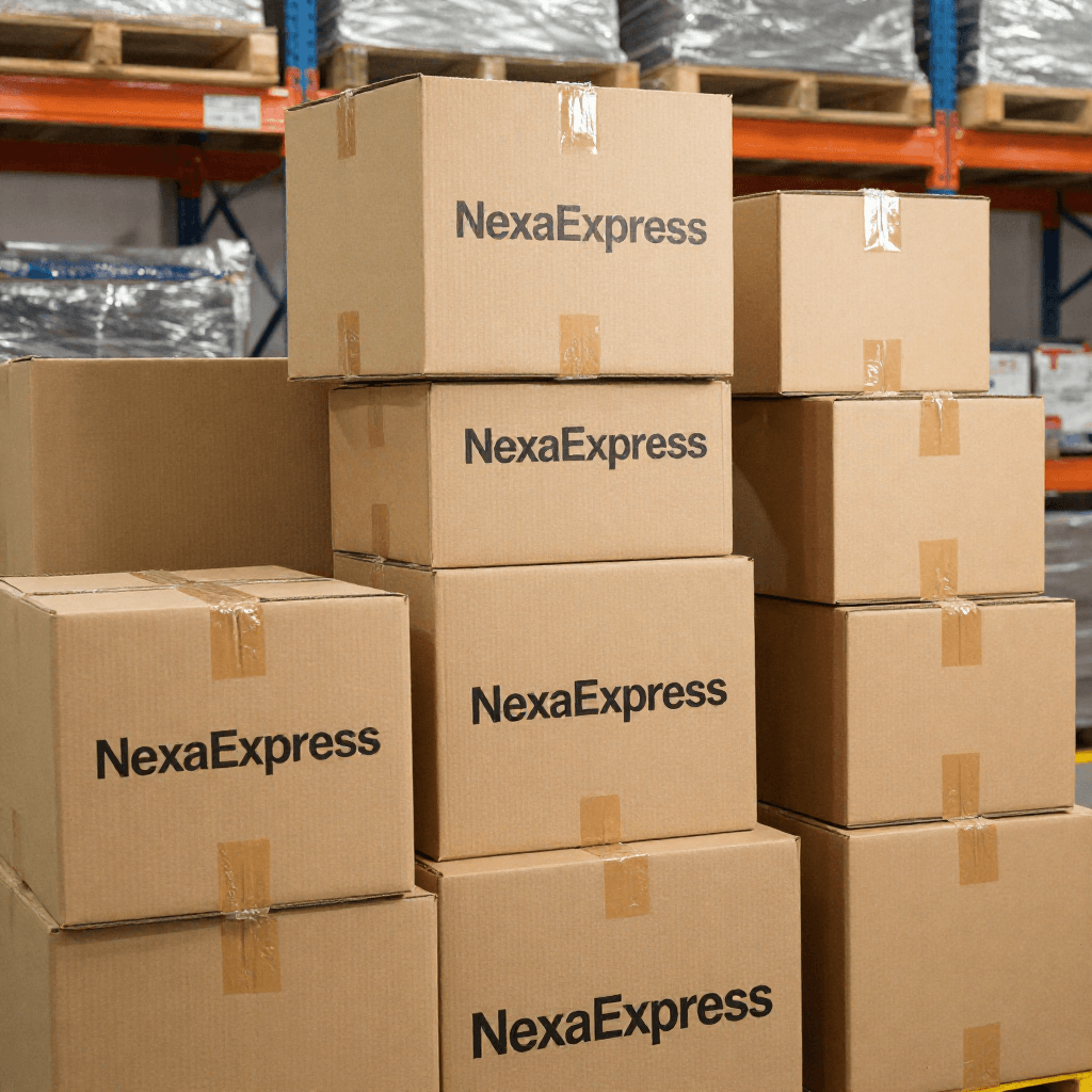 NexaExpress branded stack of delivery boxes
